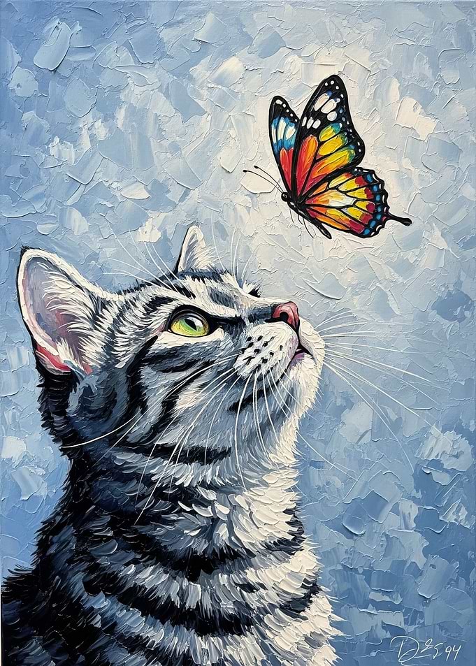 Cat and Butterfly Oil Painting