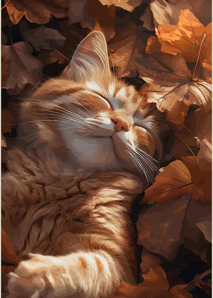 Sleeping Cat in Autumn Leaves