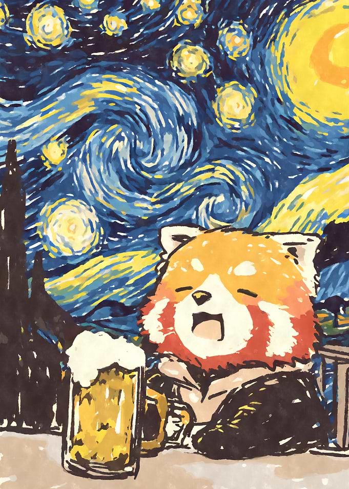 Red Panda Drinking Beer Starry Night