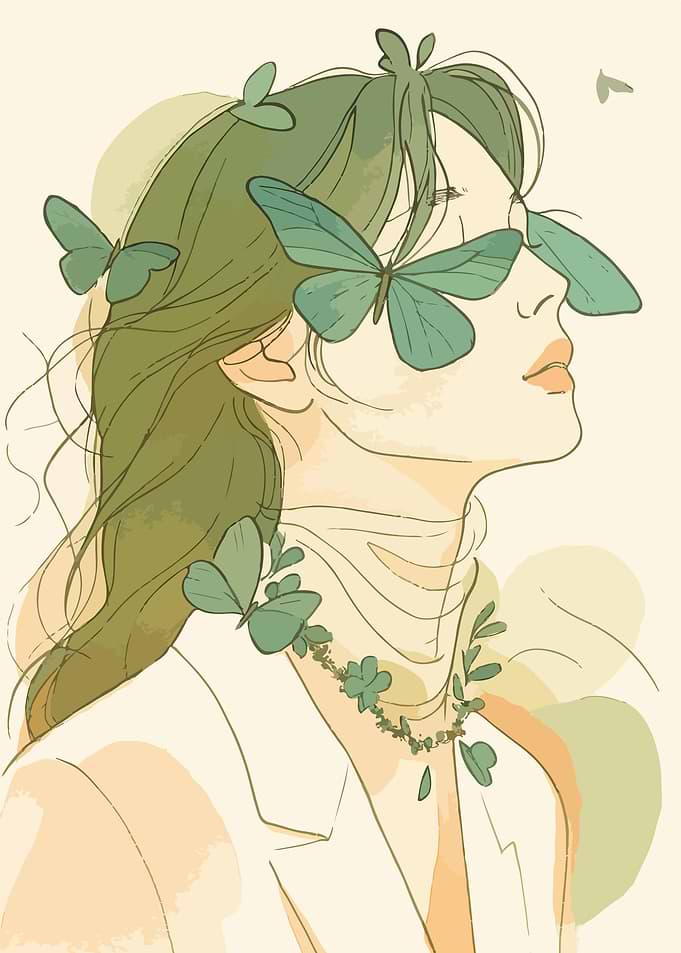 Woman with Butterflies and Green Hair