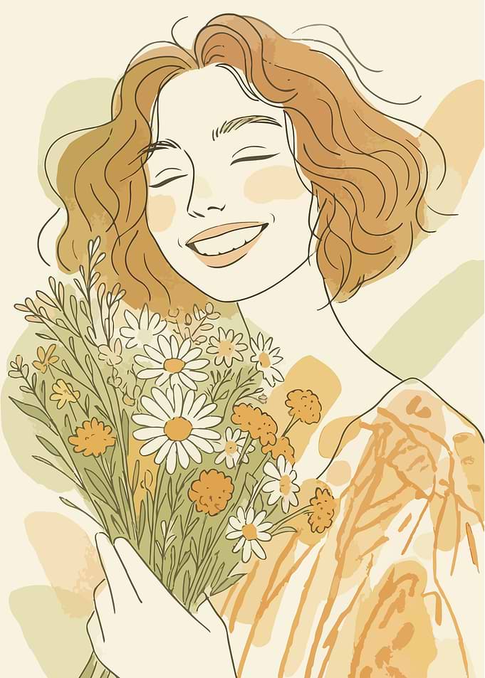 Smiling Woman with Flowers Illustration