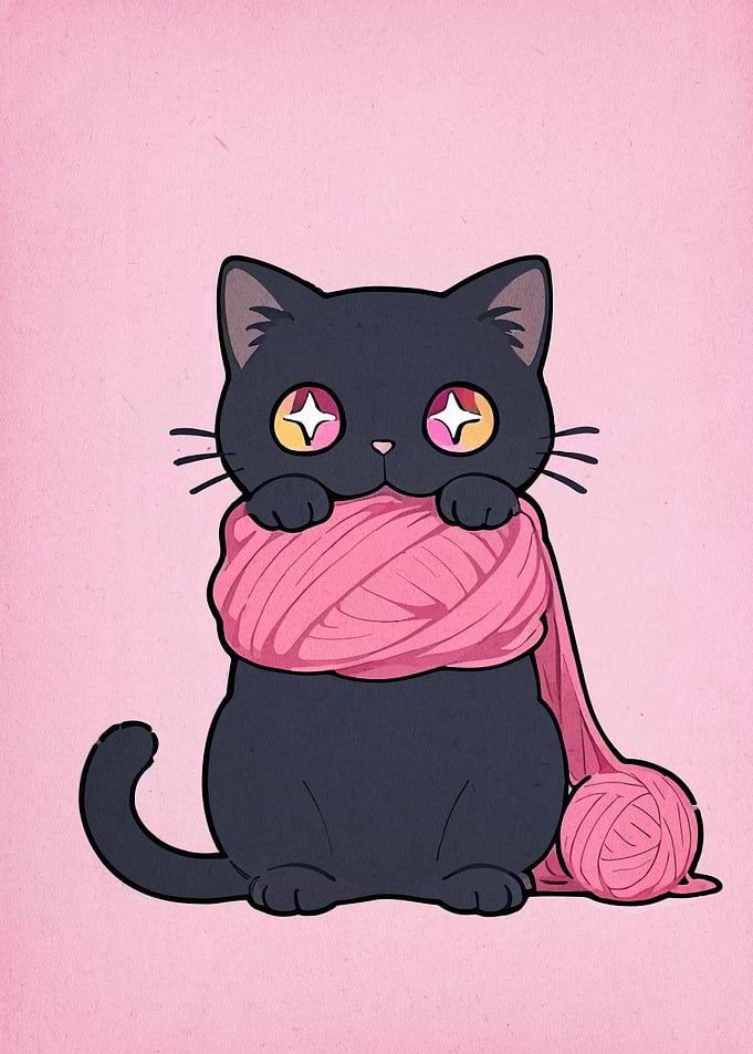 Cute Black Cat with Pink Yarn