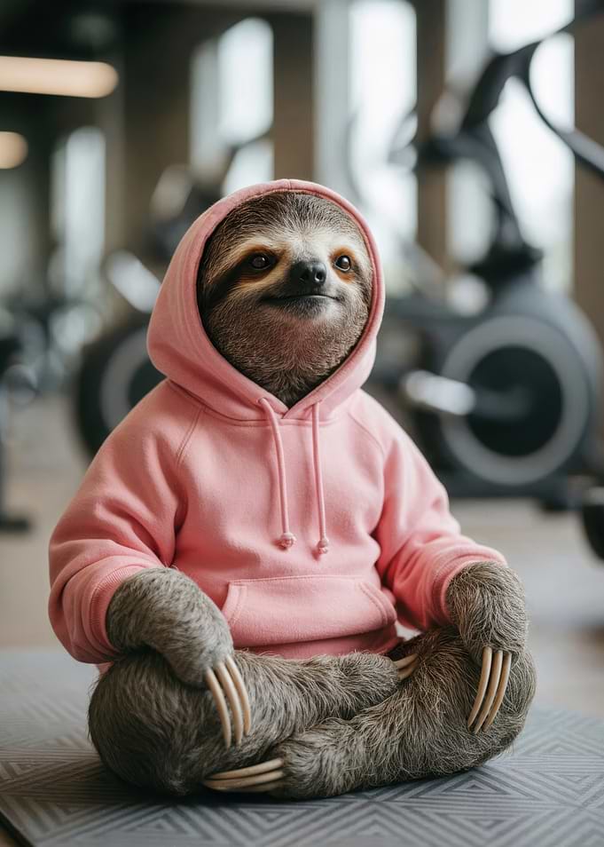 Sloth in Hoodie Meditating at Gym, funny animal