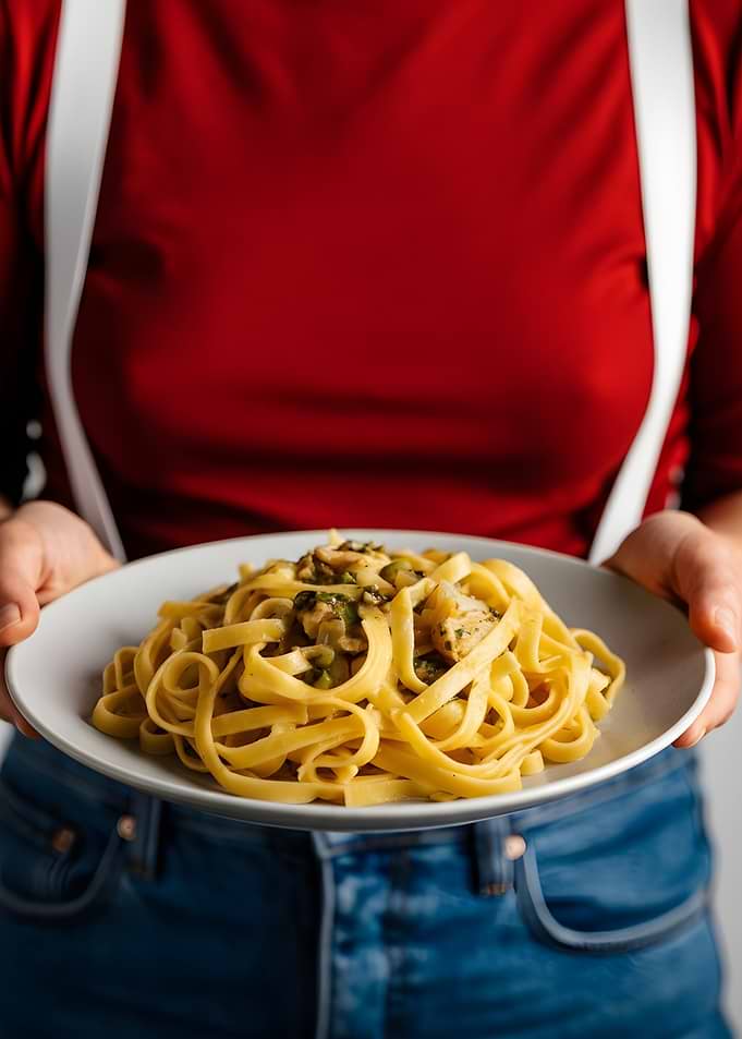 Pasta dish held by person