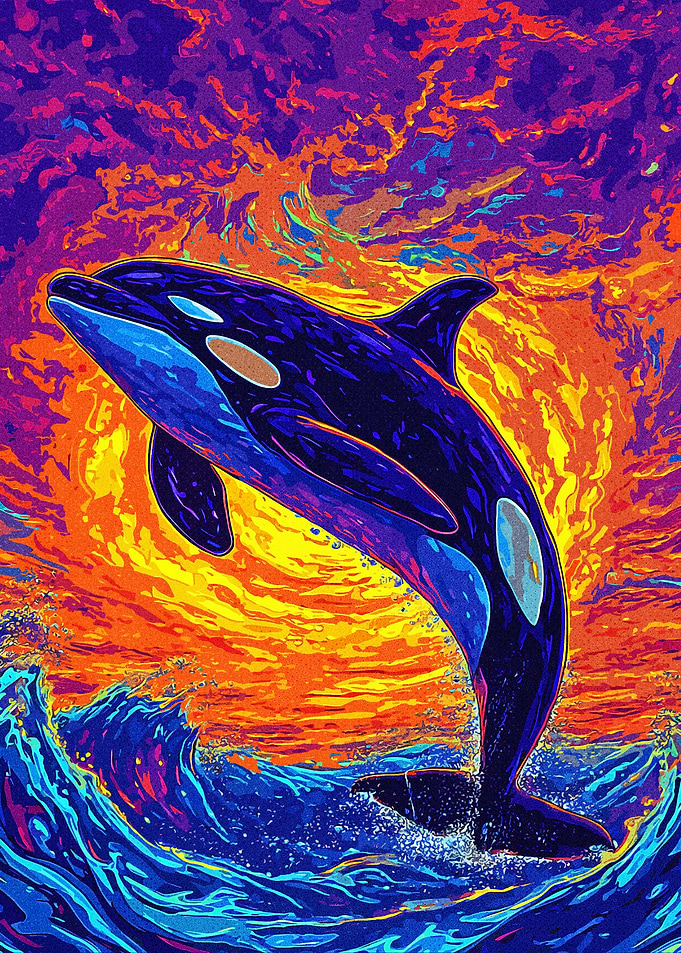 Orca breaching vibrant ocean art