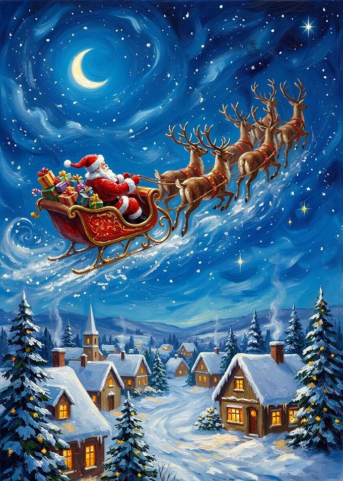 Santa's Sleigh Over Snowy Village