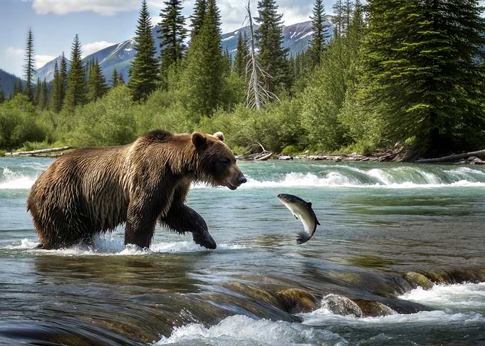 Bear Hunting a Fish in River