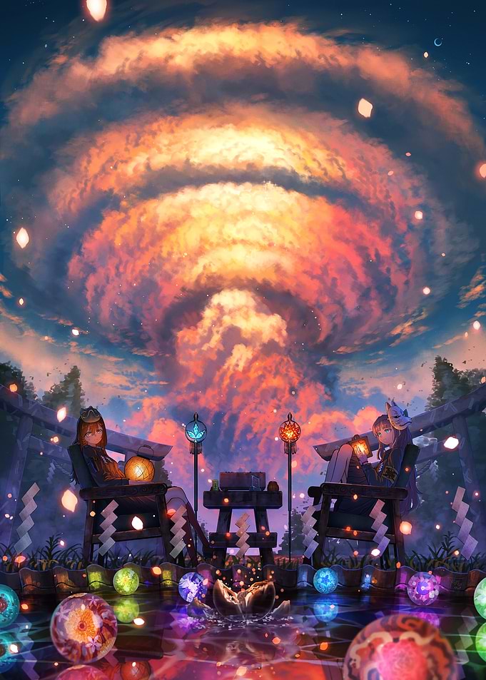 Anime Characters Under a Swirling Sky