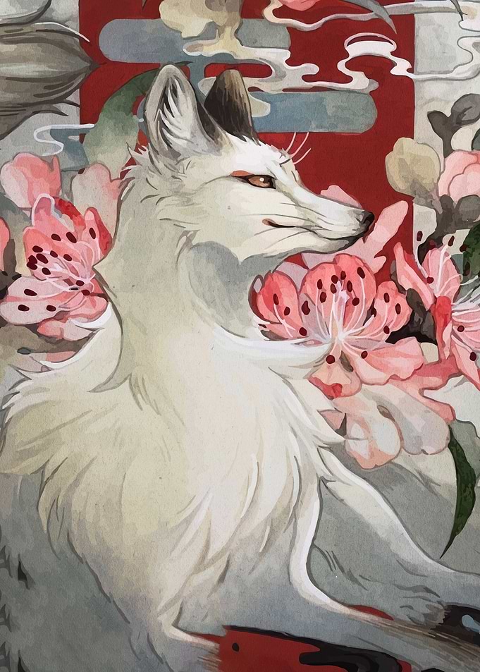 Fox with Cherry Blossoms Painting