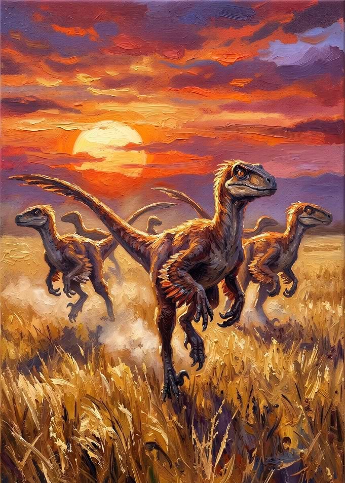 Velociraptors Running at Sunset Painting