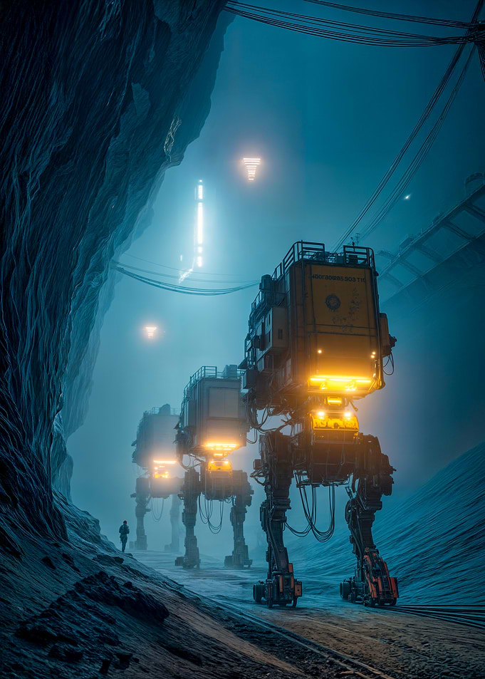 Futuristic Walkers in a Misty Landscape