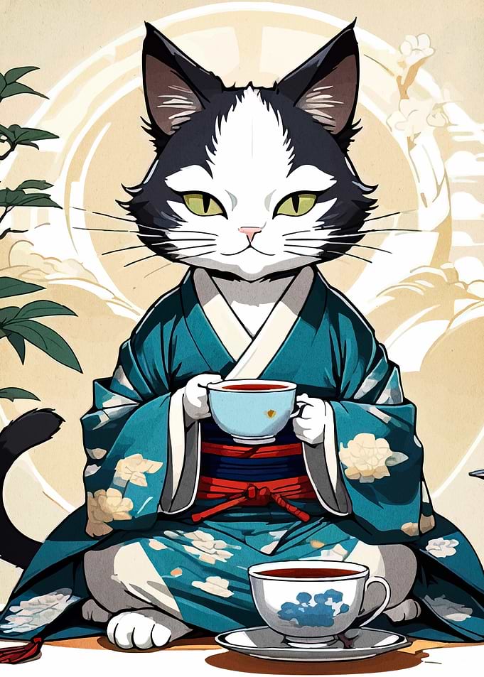Cat in Kimono Drinking Tea