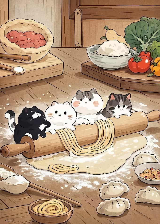 Cats Baking Dumplings
