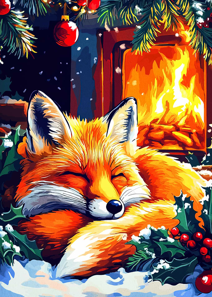 Sleeping Fox by Fireplace Christmas Art
