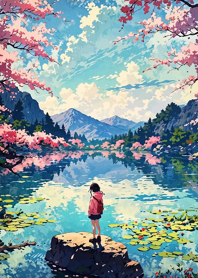 Anime Girl at Lake with Cherry Blossoms