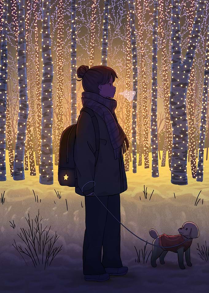 Winter Walk with Dog in Forest