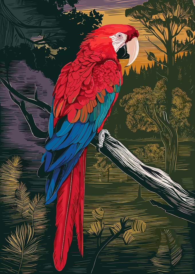 Scarlet Macaw in Jungle Illustration