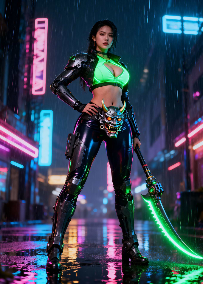 Cyberpunk Warrior in Neon Cityscape