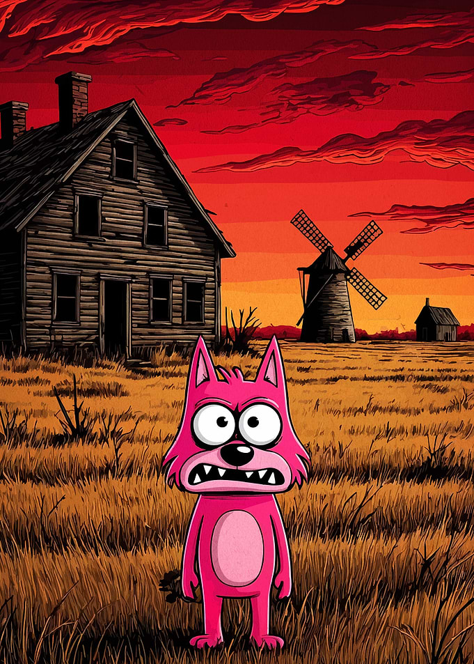 Pink Cartoon Character in Rural Setting