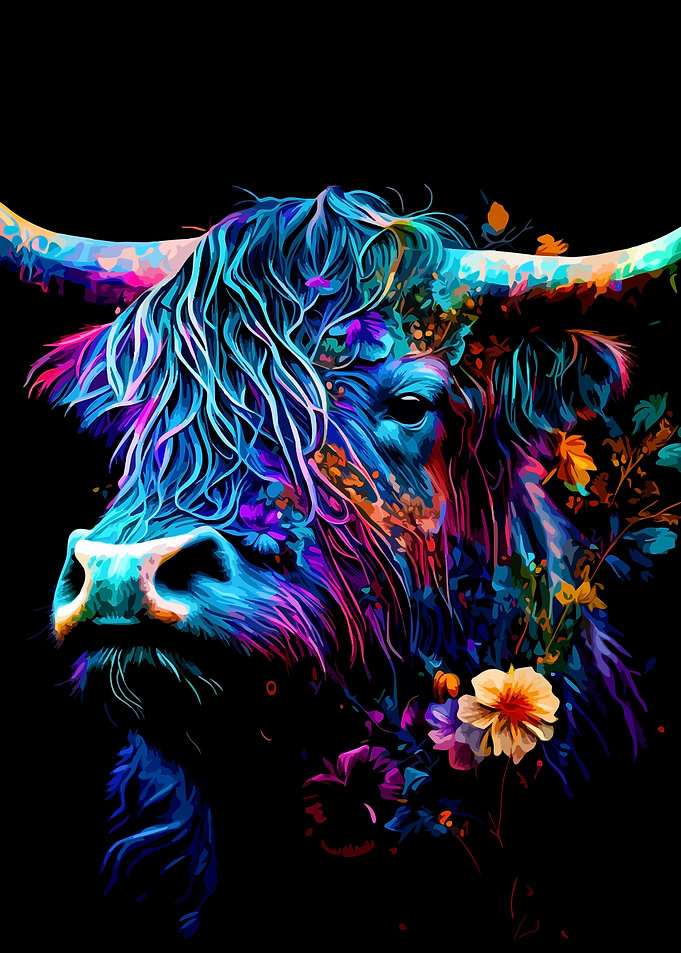 Colorful Highland Cow with Flowers