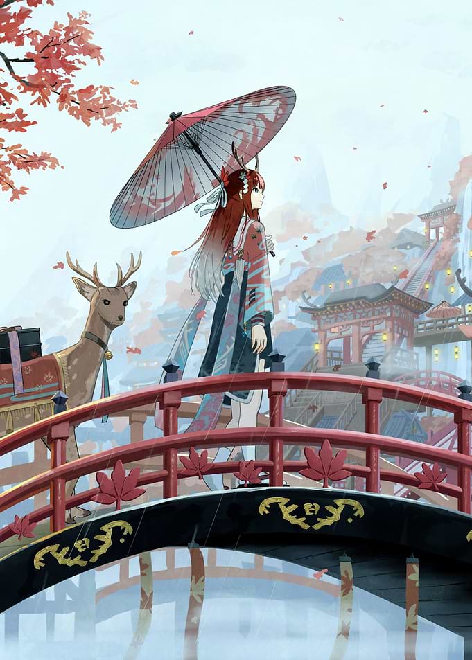 Anime Girl with Deer on Bridge