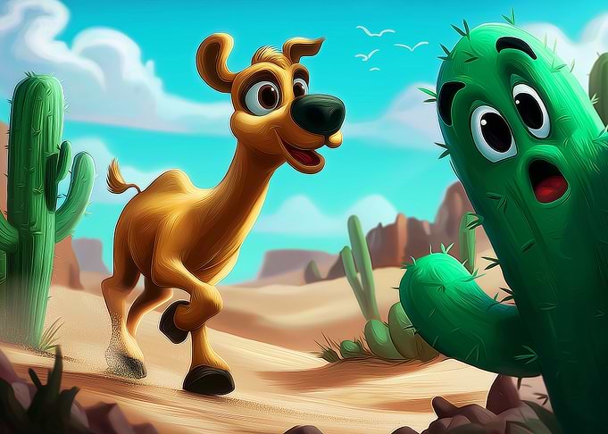Cartoon Camel and Surprised Cactus