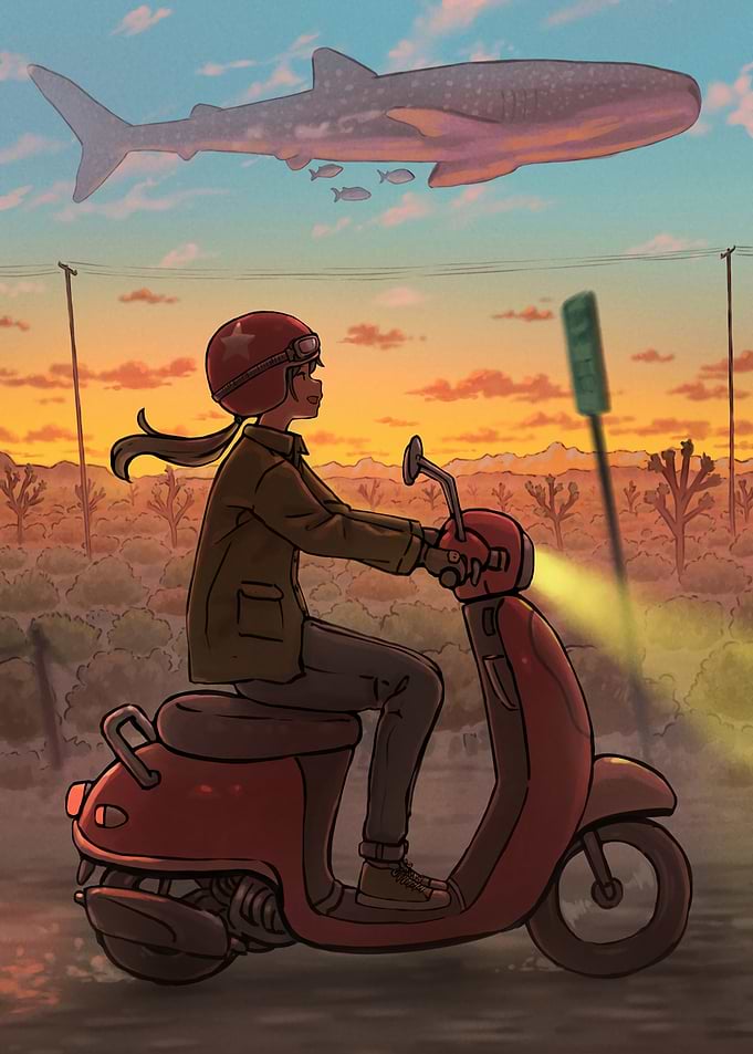 Girl on Scooter with Whale Shark