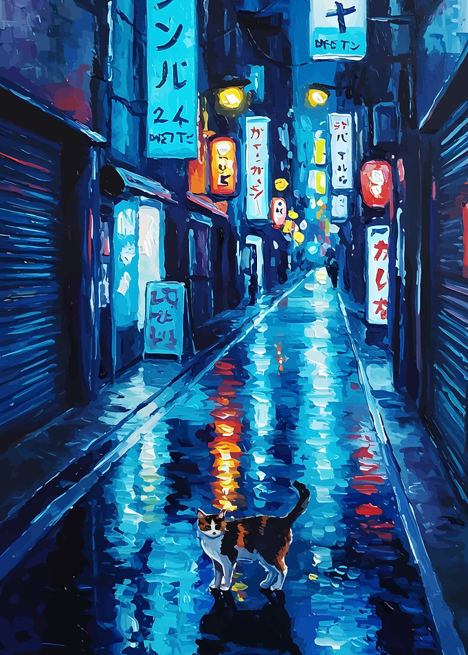 Cat in Rainy Japanese Alley Painting