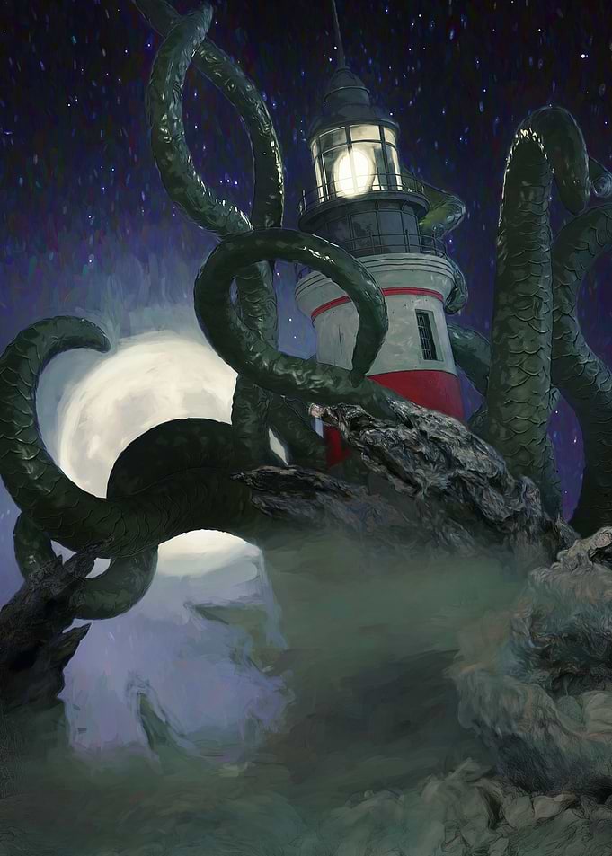 Lighthouse besieged by tentacles under moonlight