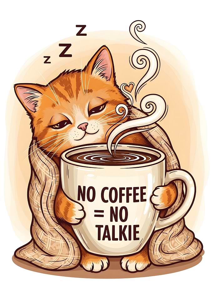 Sleepy Cat with Coffee Mug