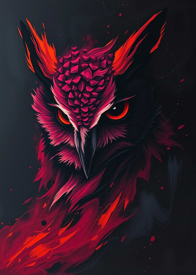 Abstract Owl Portrait in Red and Black