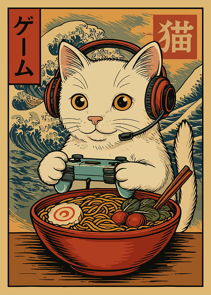 Cute Kawaii Gamer Cat Funny Ramen Retro Japanese Cat Gaming