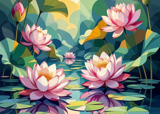 Lotus Flowers in Pond Digital Art