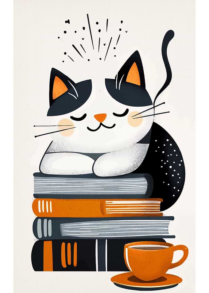 Cat Nap on Books with Coffee