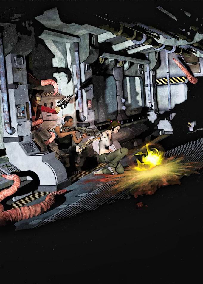 Sci-fi corridor firefight with alien creatures