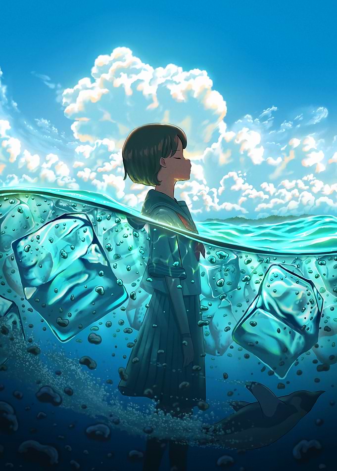 Girl in Water with Ice Cubes