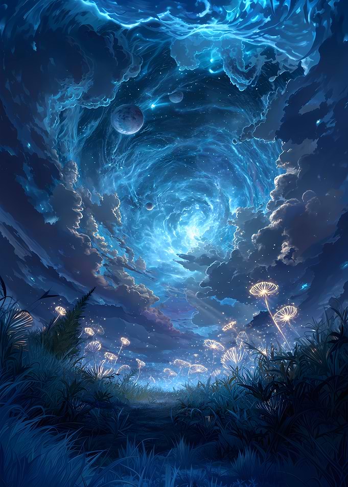 Dreamy Blue Landscape with Celestial Sky