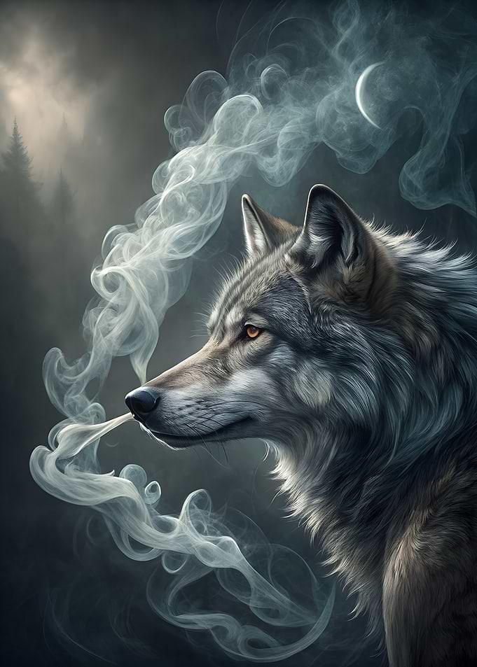 Wolf with Smoke in Forest