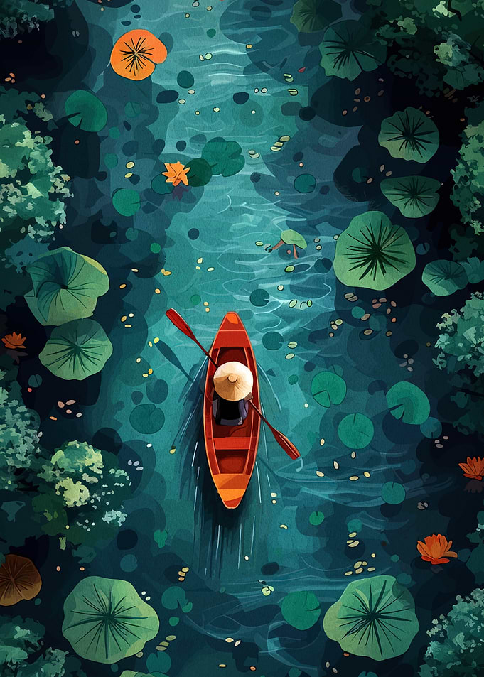 Person in Boat on Lily Pond