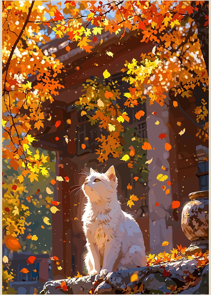 White Cat in Autumn Leaves