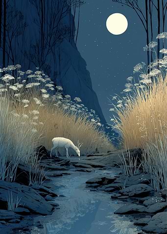 Deer Drinking Under Moonlight