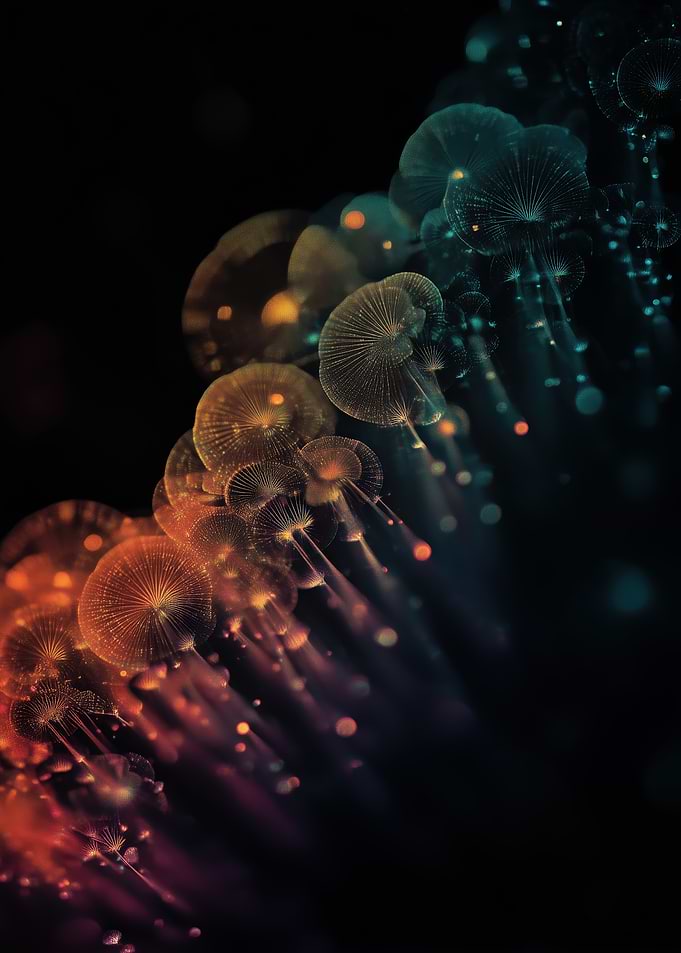 Abstract Glowing mushrooms on Black Background