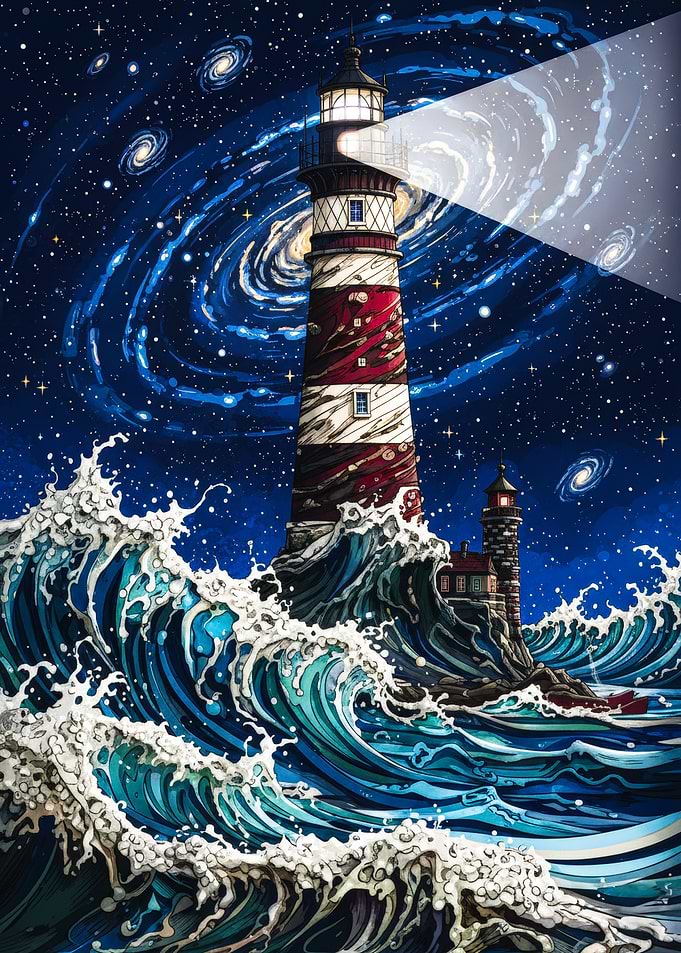 Lighthouse Seas Under Galaxy