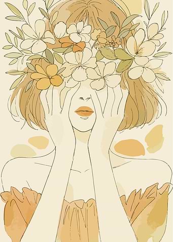 Minimalist Woman Flower Crown Portrait Line Art