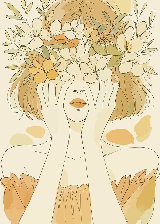 Minimalist Woman Flower Crown Portrait Line Art