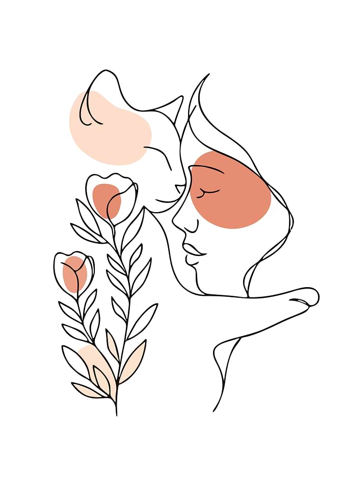 Minimalist Line Art: Woman, Cat, Flowers