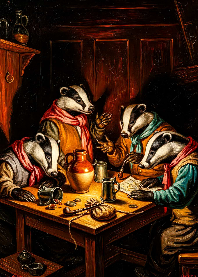 Anthropomorphic Badgers at Tavern Table Painting