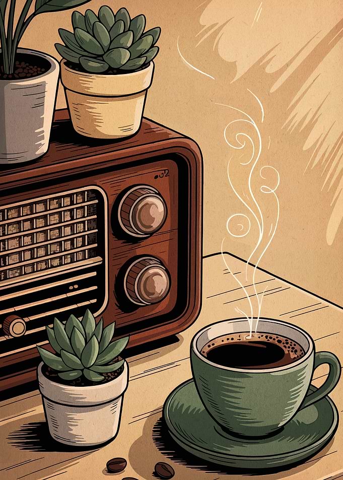Coffee, Radio, and Succulents Still Life