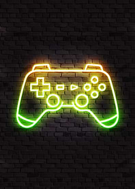 Neon Game Controller on Brick Wall. Gaming Poster