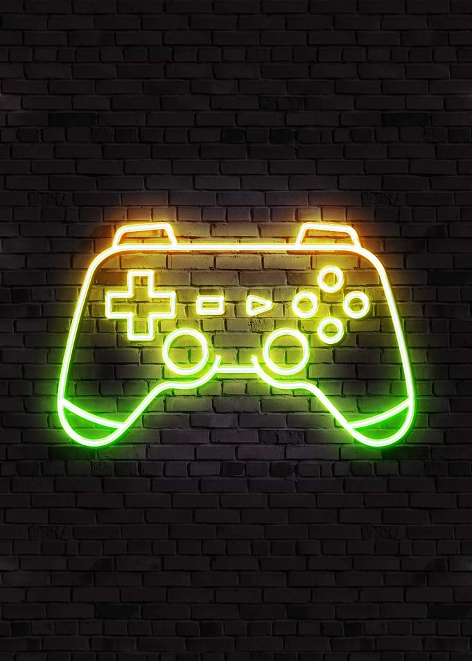Neon Game Controller on Brick Wall. Gaming Poster